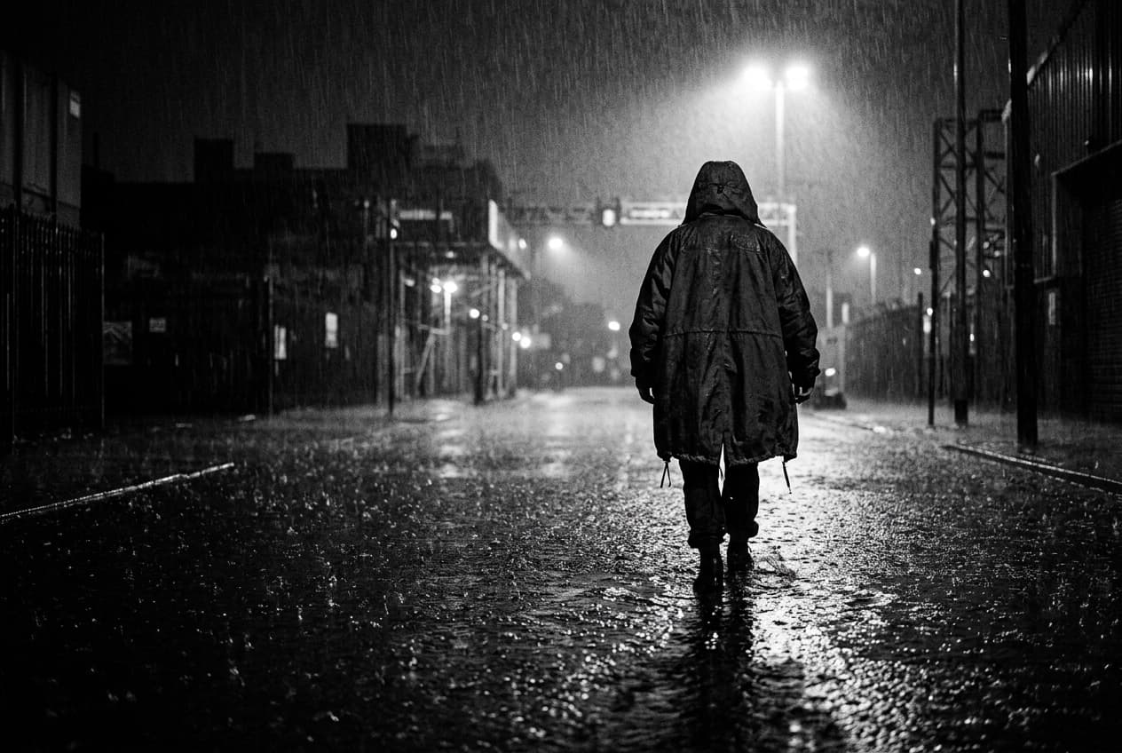 Hooded figure in a RUNOFF shell parka crossing a flooded street at night